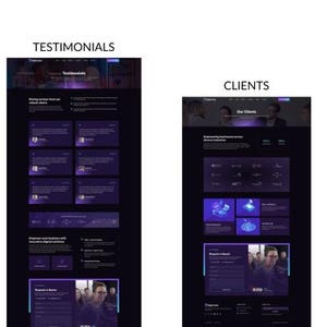 May include: Two website mockups with dark backgrounds and purple and white text. The left mockup is labeled "TESTIMONIALS" and features client reviews. The right mockup is labeled "CLIENTS" and showcases the company's services and client information.