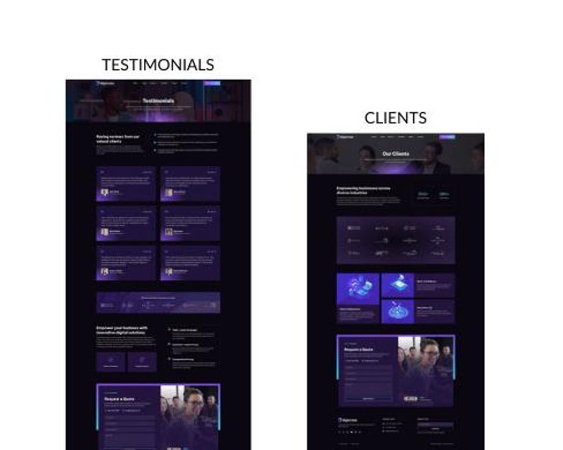 May include: Two website mockups with dark backgrounds and purple and white text. The left mockup is labeled "TESTIMONIALS" and features client reviews. The right mockup is labeled "CLIENTS" and showcases the company's services and client information.