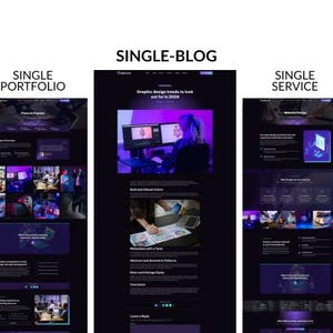 May include: A website design layout with a dark purple and black color scheme. The text "SINGLE-BLOG", "SINGLE PORTFOLIO", and "SINGLE SERVICE" are displayed. The "SINGLE-BLOG" section features the text "Graphic design trends to look out for in 2024".