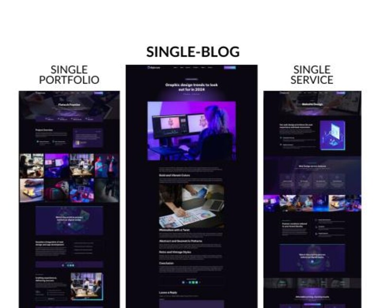 May include: A website design layout with a dark purple and black color scheme. The text "SINGLE-BLOG", "SINGLE PORTFOLIO", and "SINGLE SERVICE" are displayed. The "SINGLE-BLOG" section features the text "Graphic design trends to look out for in 2024".
