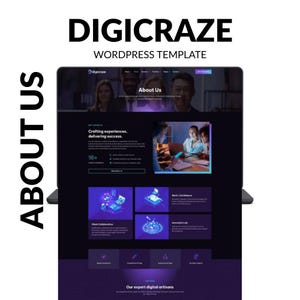 May include: A laptop displaying a website design with the text "DIGICRAZE WORDPRESS TEMPLATE." The website features a dark purple and blue color scheme with the words "About Us" and "Crafting experiences, delivering success."