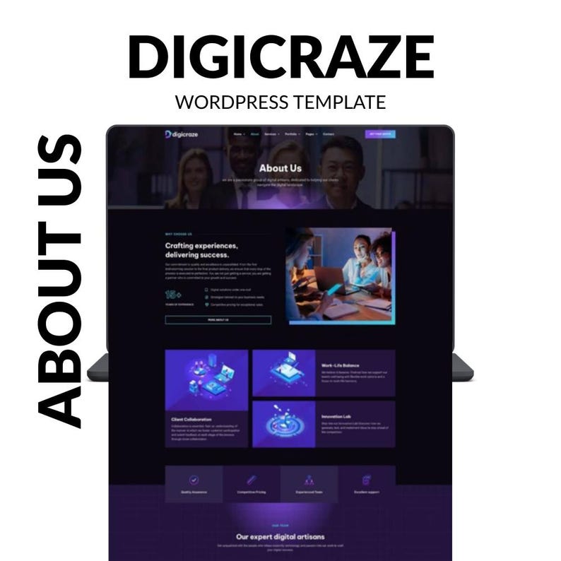 May include: A laptop displaying a website design with the text "DIGICRAZE WORDPRESS TEMPLATE." The website features a dark purple and blue color scheme with the words "About Us" and "Crafting experiences, delivering success."