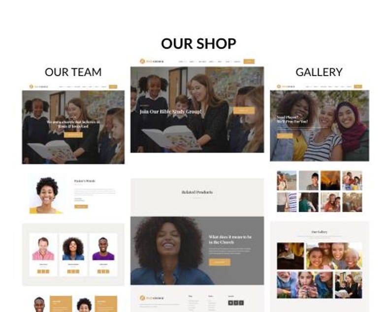 May include: A website screenshot showcasing various sections: "Our Shop," "Our Team," and "Gallery." The "Our Shop" section features a group of people reading a book with the text "Join Our Bible Study Group!" Other sections display diverse individuals and related content.
