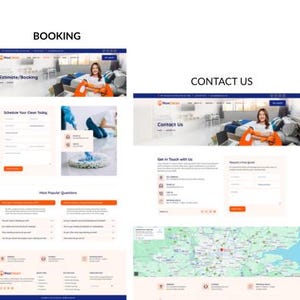 May include: Screenshots of a website with the headings "Booking" and "Contact Us". The "Booking" section includes an estimate/booking form, and the "Contact Us" section has contact information and a map.