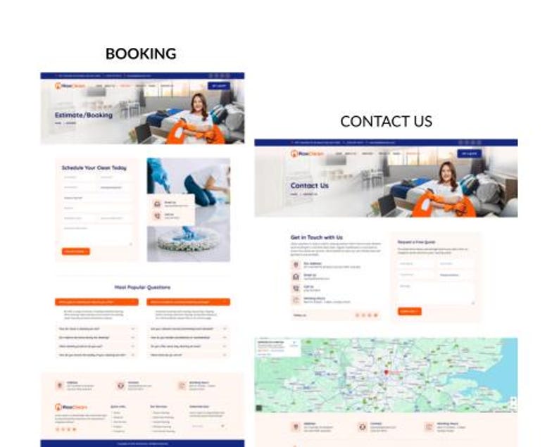 May include: Screenshots of a website with the headings "Booking" and "Contact Us". The "Booking" section includes an estimate/booking form, and the "Contact Us" section has contact information and a map.