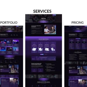 May include: A website design with a dark theme and purple accents. The website sections include "Portfolio", "Services", and "Pricing". The "Services" section features images and text. The website promotes "Innovative Digital Solutions".