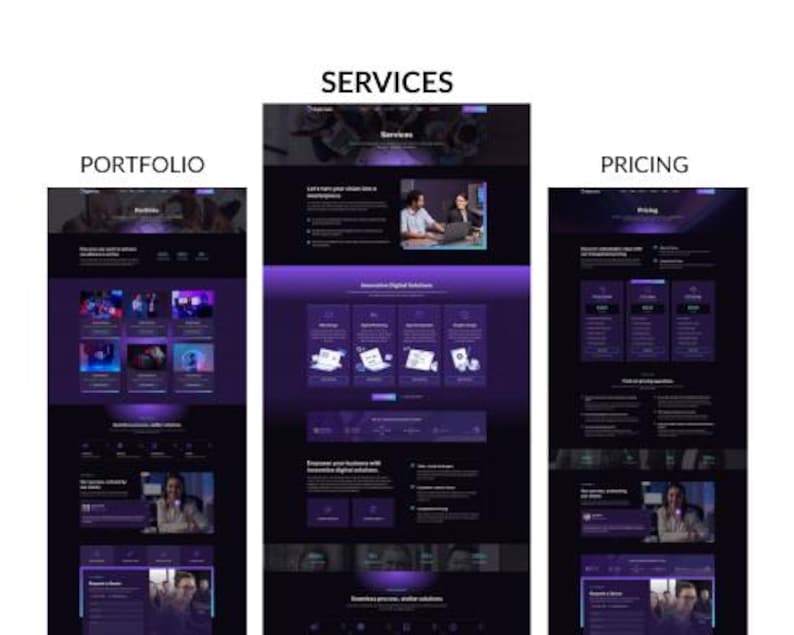 May include: A website design with a dark theme and purple accents. The website sections include "Portfolio", "Services", and "Pricing". The "Services" section features images and text. The website promotes "Innovative Digital Solutions".