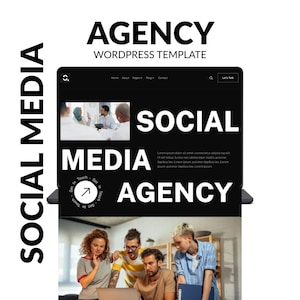 Op de afbeelding: Een zwart laptopscherm toont een website-ontwerp met de woorden "AGENCY" en "SOCIAL MEDIA AGENCY" in het wit. De afbeelding bevat een groep mensen die aan een laptop werken en de tekst "SOCIAL MEDIA" verticaal links.