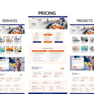 May include: A website design showcasing services, pricing, and projects. The design features a clean layout with orange and blue accents. The website includes sections for services, pricing plans, and customer testimonials.