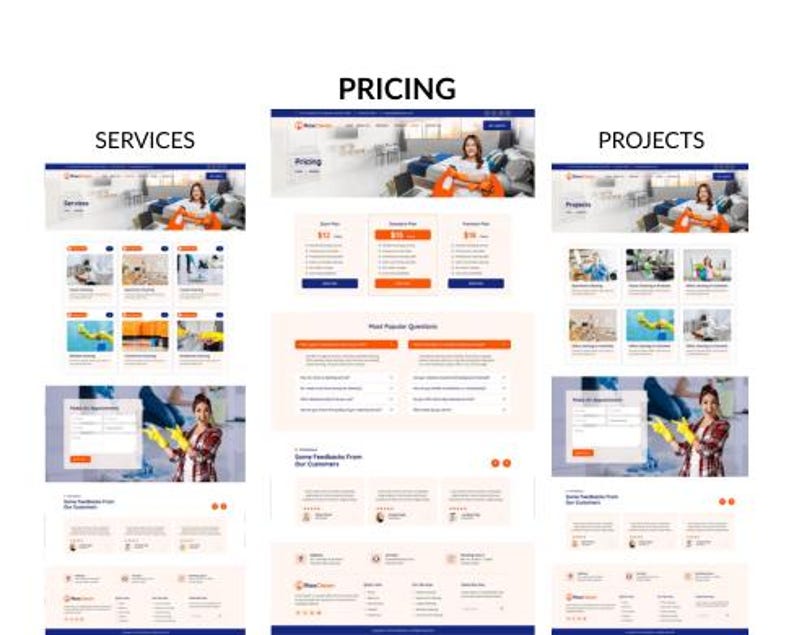 May include: A website design showcasing services, pricing, and projects. The design features a clean layout with orange and blue accents. The website includes sections for services, pricing plans, and customer testimonials.