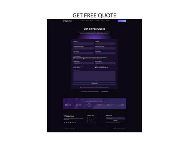 May include: A website interface with a dark purple background and a form to "Get a Free Quote." The form includes fields for name, email, and other details. The text "Digigrow" is at the bottom.