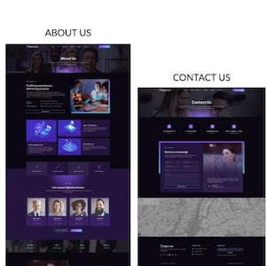 May include: Two website page designs, one labeled "About Us" and the other "Contact Us." Both pages have a dark purple and blue color scheme. The "About Us" page features images and text. The "Contact Us" page includes a contact form and a map.