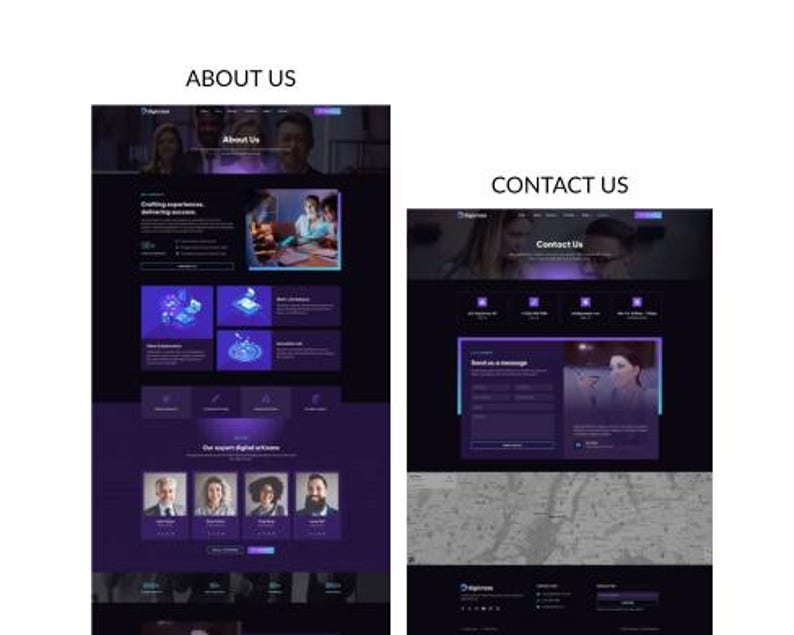 May include: Two website page designs, one labeled "About Us" and the other "Contact Us." Both pages have a dark purple and blue color scheme. The "About Us" page features images and text. The "Contact Us" page includes a contact form and a map.