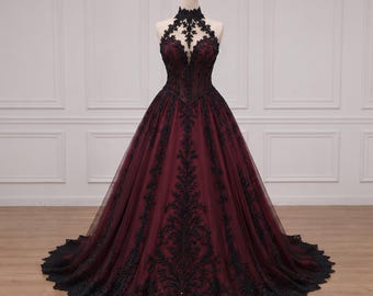 Elegant Black Embroidered Wedding Dress, Burgundy Gothic Fantasy Ball Gown, Corset Bridal Dress with Cathedral Train