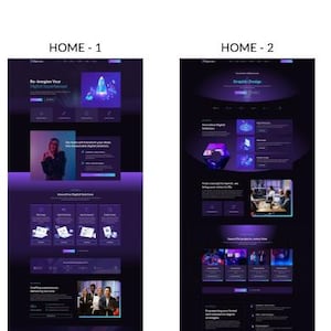 May include: Two website design mockups with a dark purple and blue color scheme. The first mockup displays the text "Re-imagine Your Digital Experience" and features a photo of a person. The second mockup says "Graphic Design".