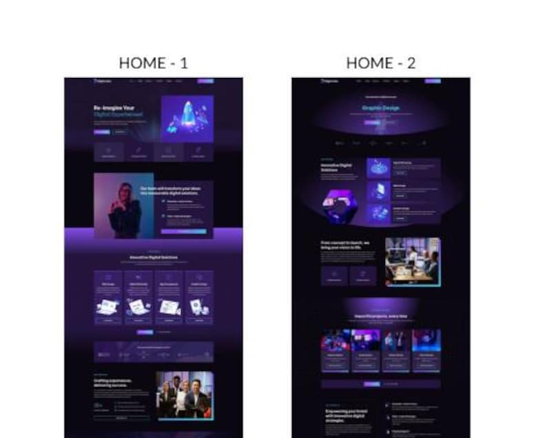 May include: Two website design mockups with a dark purple and blue color scheme. The first mockup displays the text "Re-imagine Your Digital Experience" and features a photo of a person. The second mockup says "Graphic Design".