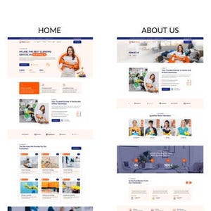 May include: Website screenshots showcasing a cleaning service. The "HOME" page features a woman with cleaning supplies, and the text "WE ARE THE BEST CLEANING SERVICE IN AUSTRALIA." The "ABOUT US" page includes team member photos and service details.