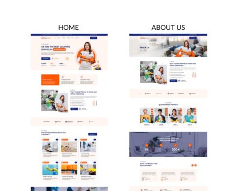 May include: Website screenshots showcasing a cleaning service. The "HOME" page features a woman with cleaning supplies, and the text "WE ARE THE BEST CLEANING SERVICE IN AUSTRALIA." The "ABOUT US" page includes team member photos and service details.