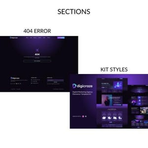May include: Image showcasing website design elements. The top section displays a 404 error page with the text "404 ERROR". The bottom section presents "KIT STYLES" with various website design templates. The overall color scheme is dark with purple accents.