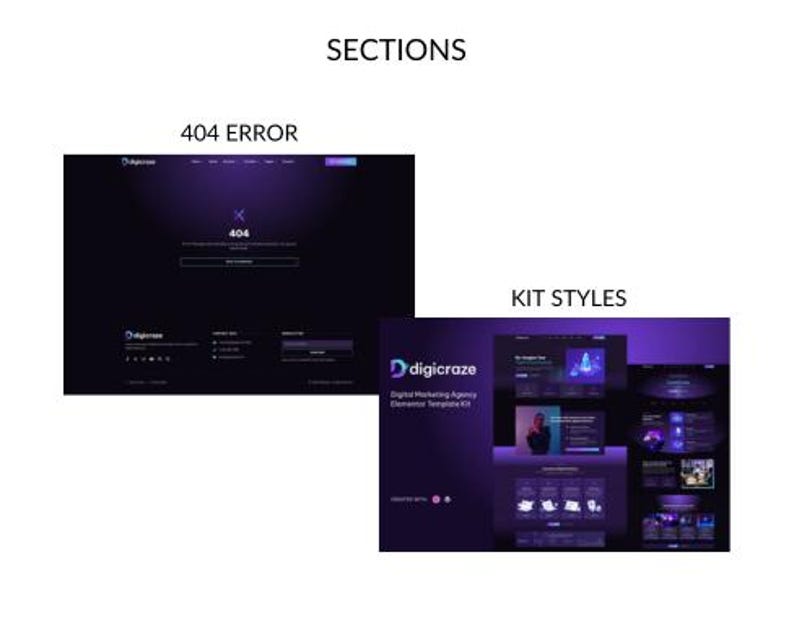 May include: Image showcasing website design elements. The top section displays a 404 error page with the text "404 ERROR". The bottom section presents "KIT STYLES" with various website design templates. The overall color scheme is dark with purple accents.