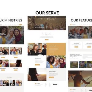 May include: A website design with the headings "OUR SERVE", "OUR MINISTRIES", and "OUR FEATURES". The website includes images of people and text such as "Helping People Change Their Lives" and "Let's Change the World Together!"