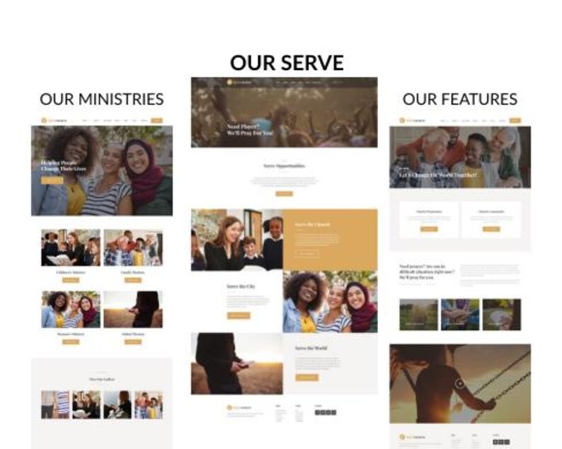 May include: A website design with the headings "OUR SERVE", "OUR MINISTRIES", and "OUR FEATURES". The website includes images of people and text such as "Helping People Change Their Lives" and "Let's Change the World Together!"
