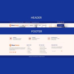 May include: A website design with a blue background. The header features the RoxClean logo and navigation links. The footer includes contact information, quick links, and service details. The website offers house cleaning, apartment cleaning, carpet cleaning, window cleaning, and commercial cleaning services.