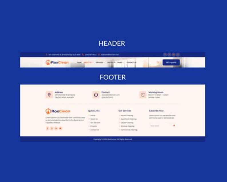May include: A website design with a blue background. The header features the RoxClean logo and navigation links. The footer includes contact information, quick links, and service details. The website offers house cleaning, apartment cleaning, carpet cleaning, window cleaning, and commercial cleaning services.