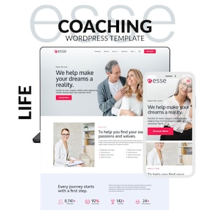May include: A website template design for life coaching, featuring a laptop and smartphone displaying the website interface. The design includes the text "COACHING WORDPRESS TEMPLATE" and the word "LIFE". The website showcases images of people and the text "We help make your dreams a reality."