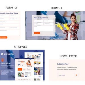 May include: A webpage design with four sections. The top left shows a form to schedule a cleaning service. The top right shows a form to make an appointment. The bottom left shows a website design. The bottom right shows a newsletter signup form.
