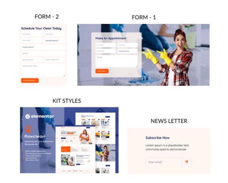 May include: A webpage design with four sections. The top left shows a form to schedule a cleaning service. The top right shows a form to make an appointment. The bottom left shows a website design. The bottom right shows a newsletter signup form.