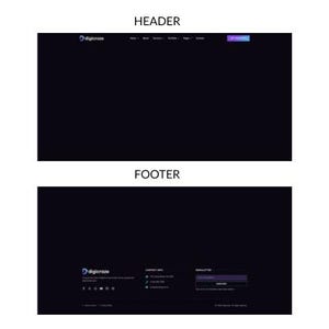 May include: A website design with a dark theme, featuring a header and footer. The header includes a logo and navigation links, while the footer displays contact information and a newsletter signup. The overall design is clean and modern.