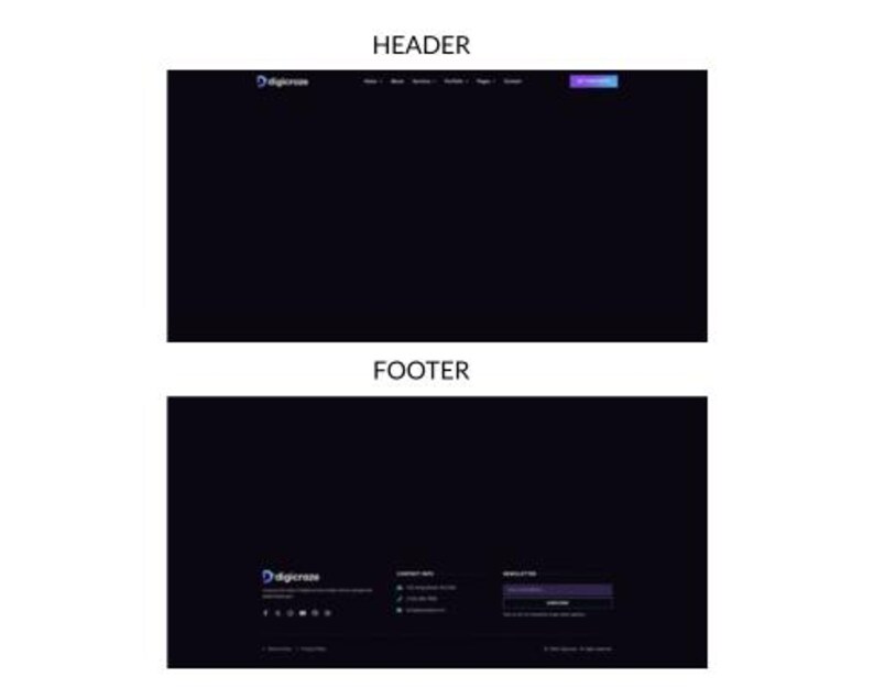 May include: A website design with a dark theme, featuring a header and footer. The header includes a logo and navigation links, while the footer displays contact information and a newsletter signup. The overall design is clean and modern.