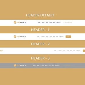 May include: Four website header designs are displayed against a gold background. Each header features the "Holy Church" logo and navigation links. The headers vary in layout and color, with options in white and gray.