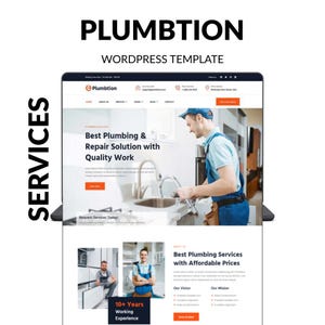 Puede incluir: Una computadora portátil muestra un diseño de sitio web para servicios de plomería. El sitio web presenta el nombre "Plumbtion" y el texto "Best Plumbing & Repair Solution with Quality Work." La imagen también incluye el texto "WordPress Template" y "Best Plumbing Services with Affordable Prices."