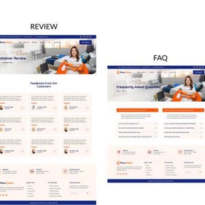 May include: Two website screenshots. The first displays a customer review page with the text "Customer Review" and customer feedback. The second shows a frequently asked questions page with the text "Frequently Asked Questions". Both pages feature a woman.
