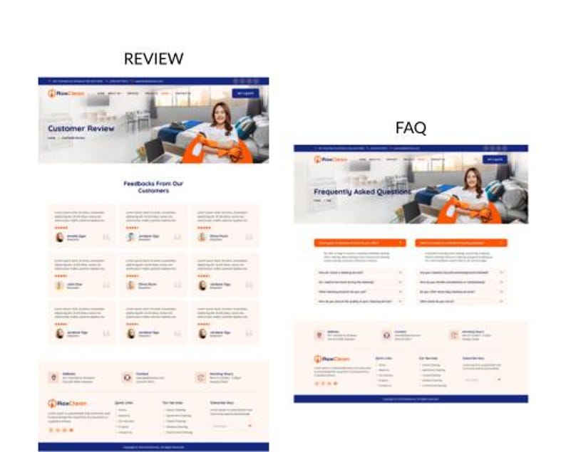May include: Two website screenshots. The first displays a customer review page with the text "Customer Review" and customer feedback. The second shows a frequently asked questions page with the text "Frequently Asked Questions". Both pages feature a woman.