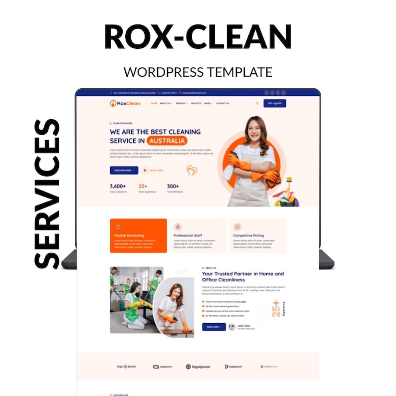 May include: A website design for Rox-Clean, a cleaning service in Australia, displayed on a laptop screen. The design features a woman in an orange and white uniform, and the text "WE ARE THE BEST CLEANING SERVICE IN AUSTRALIA". The word "SERVICES" is written vertically.