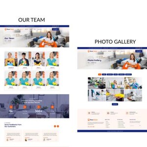 May include: A webpage design featuring the text "OUR TEAM" and "PHOTO GALLERY". The "OUR TEAM" section displays headshots of individuals. The "PHOTO GALLERY" section shows cleaning service photos. The webpage has a blue and white color scheme.