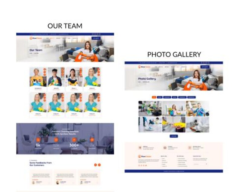 May include: A webpage design featuring the text "OUR TEAM" and "PHOTO GALLERY". The "OUR TEAM" section displays headshots of individuals. The "PHOTO GALLERY" section shows cleaning service photos. The webpage has a blue and white color scheme.