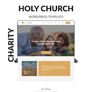 May include: A laptop screen displaying a website design for "Holy Church." The design features a header with the church's logo, a photo of people, and sections for "Mission & beliefs" and "Our Mission."