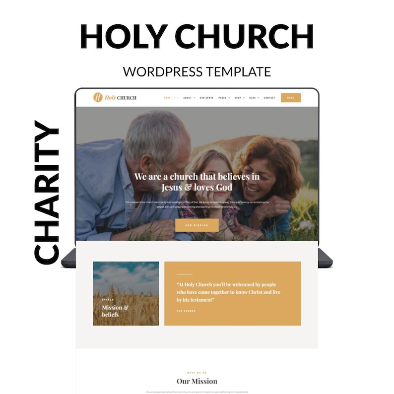 May include: A laptop screen displaying a website design for "Holy Church." The design features a header with the church's logo, a photo of people, and sections for "Mission & beliefs" and "Our Mission."