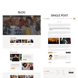 May include: A website design with two main sections: "BLOG" and "SINGLE POST." The "BLOG" section features a header image with people and the text "Need Prayer? We'll Pray For You!" Below are recent articles and "You May Also Like" sections. The "SINGLE POST" section displays a blog post with text and images.