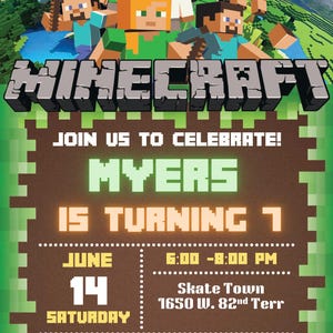 Personalized, printable, digital, mine, block, pixel birthday invite