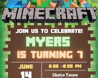 Personalized, printable, digital, mine, block, pixel birthday invite