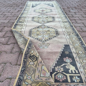 Tapis Couloir Turc Oushak Vintage 98x302 cm Taupe Moutarde Blush