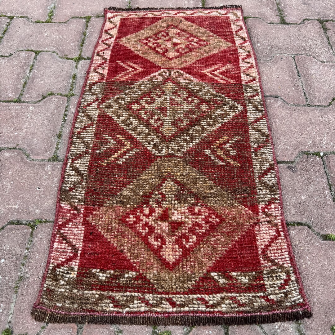 1.3x2.5 Red Brown Turkish Wool Rug With Cream Medallions and Faded ...