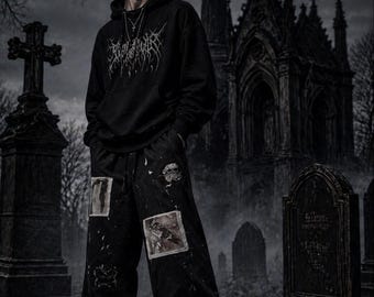 Calça cargo gótica unissex, calça preta folgada, calça grunge streetwear, roupa alternativa, look punk gótico, calça harajuku de perna larga