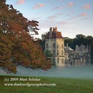 Bucks County Art Photo Photograph - "Morning at Fonthill Castle" Fine Art Print - Fall Autumn Red Leaves Fog Doylestown
