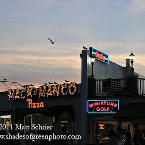 May include: A neon sign for Mark Manco Pizza with a glowing light bulb design. The sign is mounted on a building with a second neon sign for Miniature Golf. The building is lit by streetlights and the sky is a soft blue.